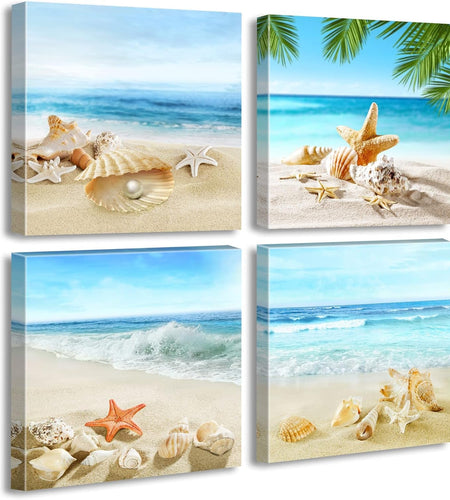 Beach Bathroom Paintings Decor Wall Art Seashell Starfish Nature Canvas Picture Blue Ocean Theme Decorations Posters Contemporary Nautical for Bedroom - Nates great stuffNates great stuff