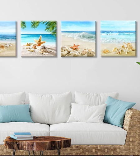 Beach Bathroom Paintings Decor Wall Art Seashell Starfish Nature Canvas Picture Blue Ocean Theme Decorations Posters Contemporary Nautical for Bedroom - Nates great stuffNates great stuff