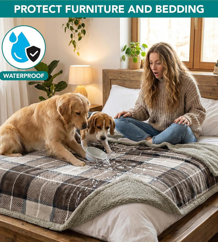 Waterproof Dog Blanket for Bed, Couch, Sofa | Waterproof Dog Bed Cover for Large Dogs, Puppies | Checkered Sherpa Fleece Pet Blanket Furniture Protector | Reversible | 80 X 60 (Taupe) - Nates great stuffNates great stuff
