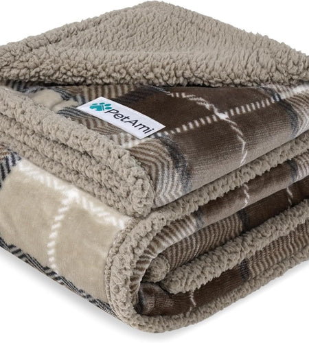 Waterproof Dog Blanket for Bed, Couch, Sofa | Waterproof Dog Bed Cover for Large Dogs, Puppies | Checkered Sherpa Fleece Pet Blanket Furniture Protector | Reversible | 80 X 60 (Taupe) - Nates great stuffNates great stuff