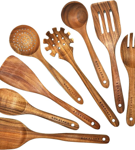 Wooden Spoons for Cooking, Teak Wooden Kitchen Utensils Set Wooden Cooking Utensils 8Pcs Wooden Spatulas Wooden Utensils for Cooking - Nates great stuffNates great stuff